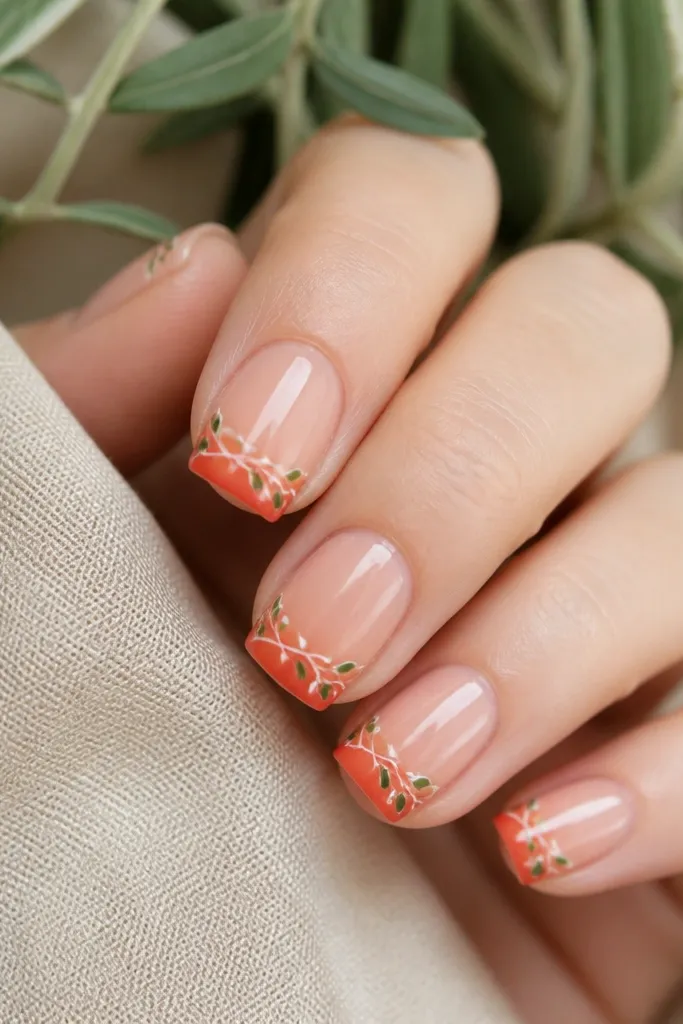 Short squoval nails with sheer peach base. Tips fade into orange-red. Across the tip area, there are thin white vine lines that curve, with tiny green leaf dots at intervals. The white looks like ink, not glitter.