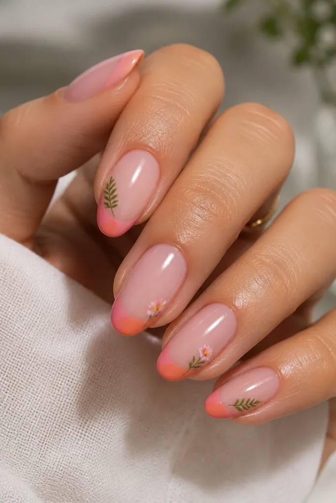 Medium almond nails with a pink-to-coral sunset French tip. On two nails, a small fern sits at the outer corner. On another nail, tiny flower buds appear as micro pink ovals with light yellow centers. Everything is glossy.