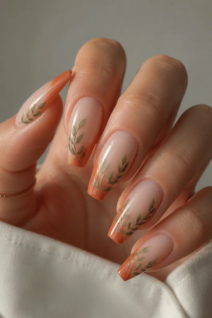 Coffin nails with terracotta-orange French tips fading into a sheer base. Leaves look shaded with two greens: olive and darker green at the bottom edges. The leaves sit along the side of the nail like a small border.