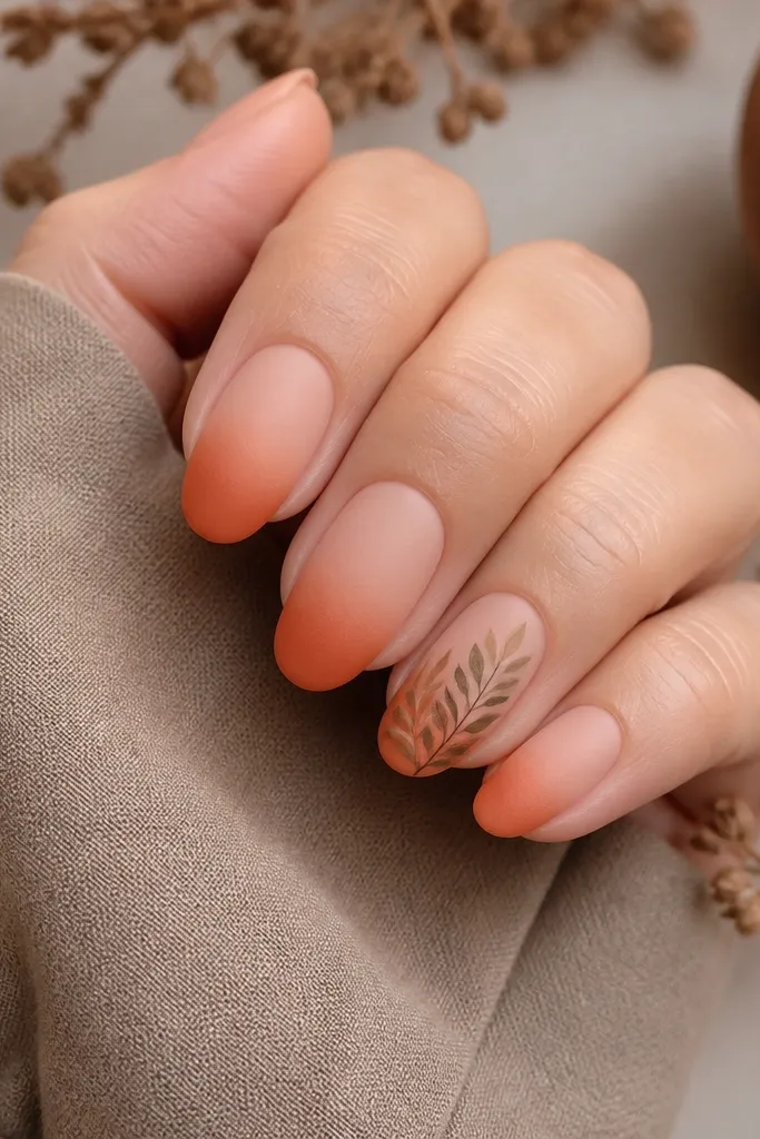 Short almond nails in matte finish. Tips fade from peach to burnt orange. On the ring finger tip is a cluster of dry leaf silhouettes in muted olive and tan. The matte top removes shine and makes the plants look like stamped paper.