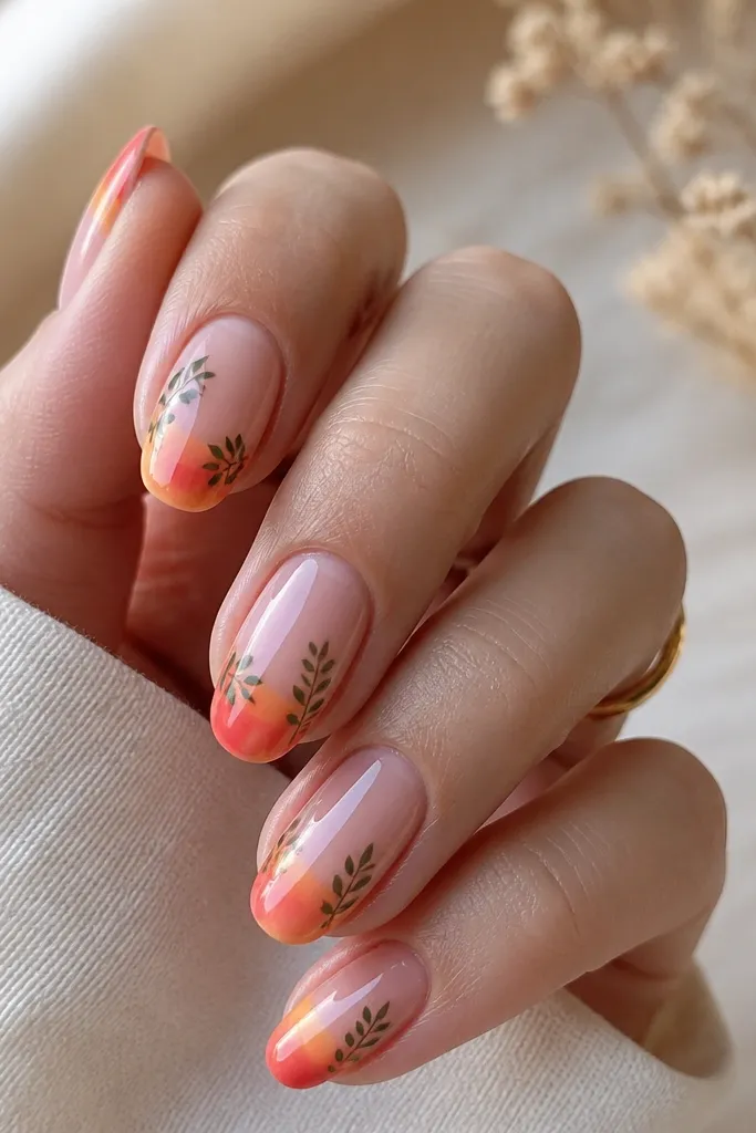 Medium oval nails with a smooth sunset gradient French tip. Tiny leaf stickers (transparent backing) look like they're floating above the gradient. The leaves are deep green with thin veins. Everything is glossy with no raised edges.