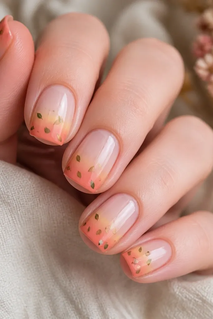 Short squoval nails with a soft sunset gradient tip. The tips are scattered with tiny leaf shapes like confetti - mostly deep green with a few in olive. Each leaf is small and spaced evenly. Glossy finish.
