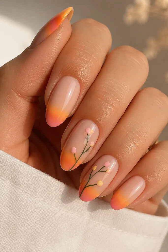 Medium almond nails with a sunset gradient tip in peach, orange, and a hint of rosy pink at the edges. On the ring and middle nails, there's a curved branch line in deep green with small round bud dots along it. Bud dots include one pale pink and one creamy yellow.