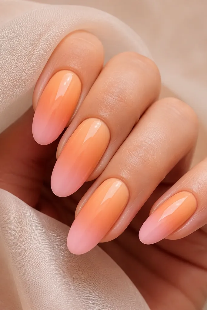 Five nails with a smooth ombré sky: pale peach at the cuticle fading into tangerine at mid-nail, then a soft milky pink near the tips; glossy top coat; no extra art except a faint warm glow.