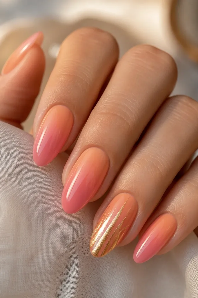 All nails have a soft coral-to-pink sunset ombré; the ring finger has a gold chrome sunbeam streak from mid-nail toward the cuticle; glossy finish with sharp shine.