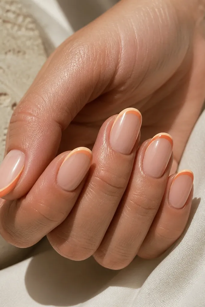 A classic nude base with a French tip where the tip edge is gradient: peach near the inner edge shifting to orange toward the outer corner; thin glossy line around the tip.
