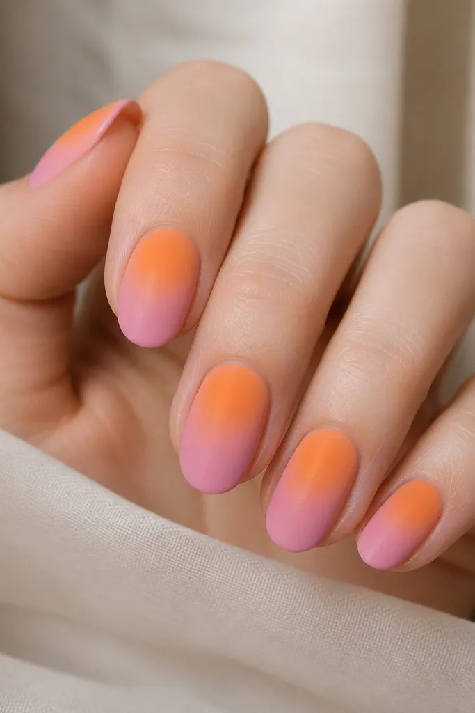 Two-tone nails: matte pink sky across the lower half of the nail, with a glossy orange oval glow centered above it; soft gradient edges; matte powdery texture is visible.
