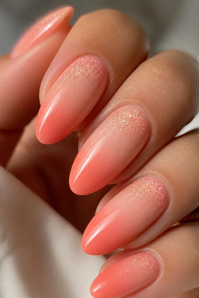 A peach-to-coral ombré where micro glitter appears only near the top center like a glow; tips are clean and smooth; glossy finish.