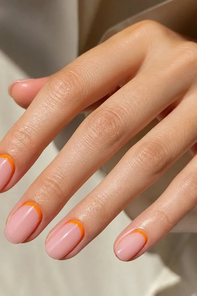 Nails have a sheer pink base; a thin tangerine arc hugs the cuticle in a halo shape; the rest of the nail stays clean with glossy shine.