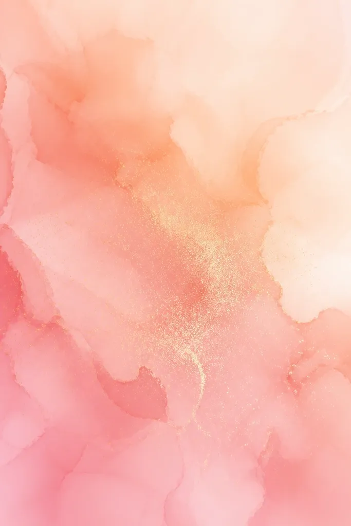 Soft, cloudy watercolor effect with peach and pink bleeding into each other; faint gold shimmer dust near the center; no sharp lines; glossy finish.