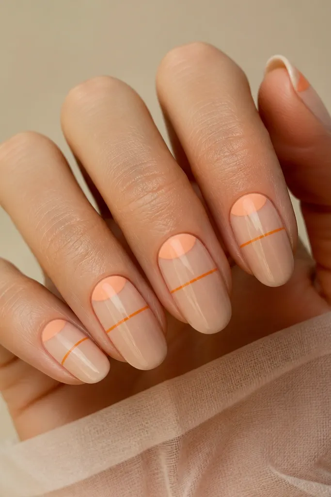 A sheer nude base with a peach half-moon at the cuticle; a thin orange line runs horizontally across mid-nail; glossy finish.