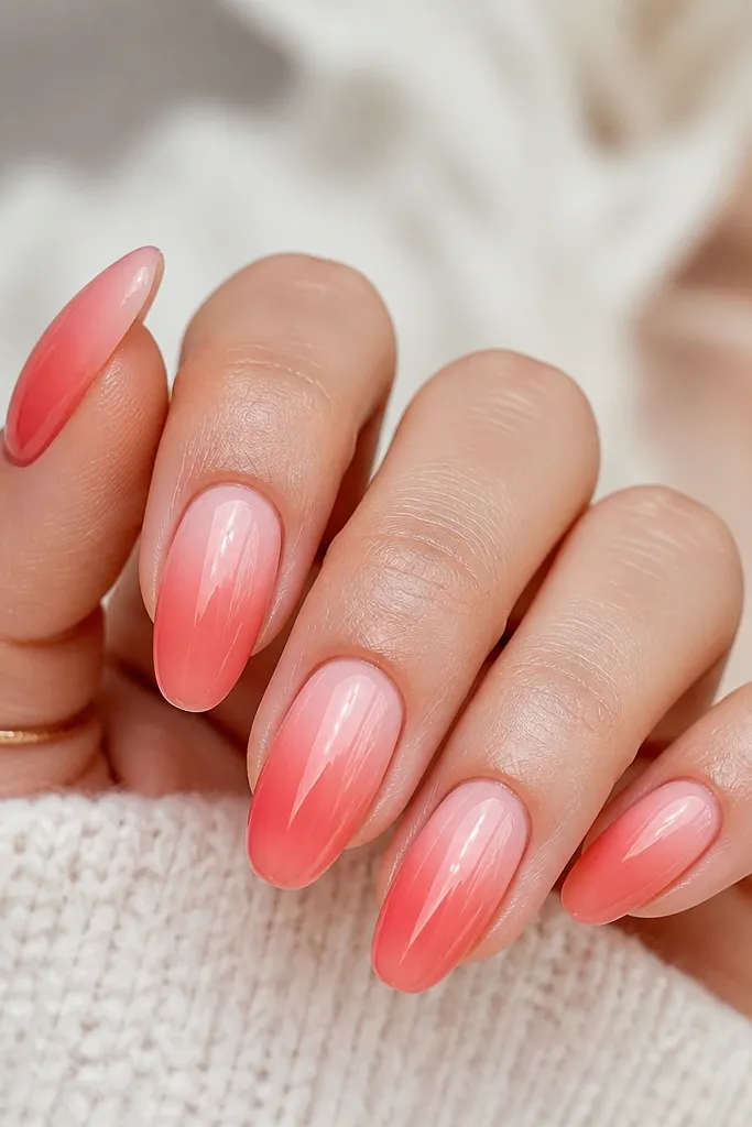 Coral ombré covers the lower two-thirds; the tips fade into a soft milky pink "cloud" area with a misty edge; glossy finish.