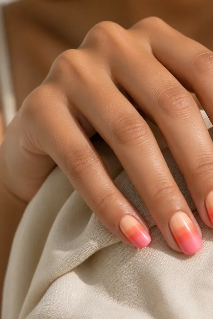 Each nail has three horizontal stripes: pale peach near the cuticle, coral in the center, and warm pink at the tip; thin separation lines are smudged for a soft look.