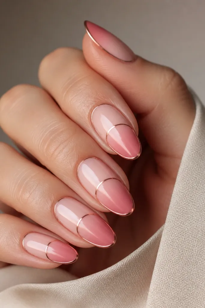 A rose-pink ombré across the nail; a thin copper outline follows the nail shape along the sides and a curved horizon line in the center; glossy finish.
