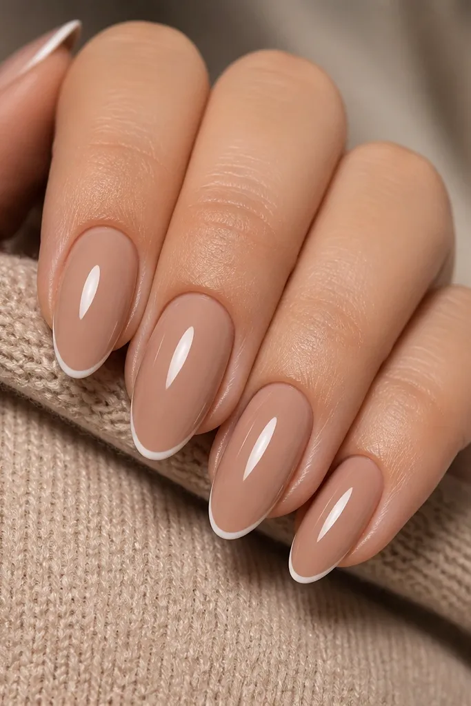 Close-up of almond nails on a hand resting on a beige sweater: warm latte nude base, a very thin creamy white French line, glossy top coat, no extra art.