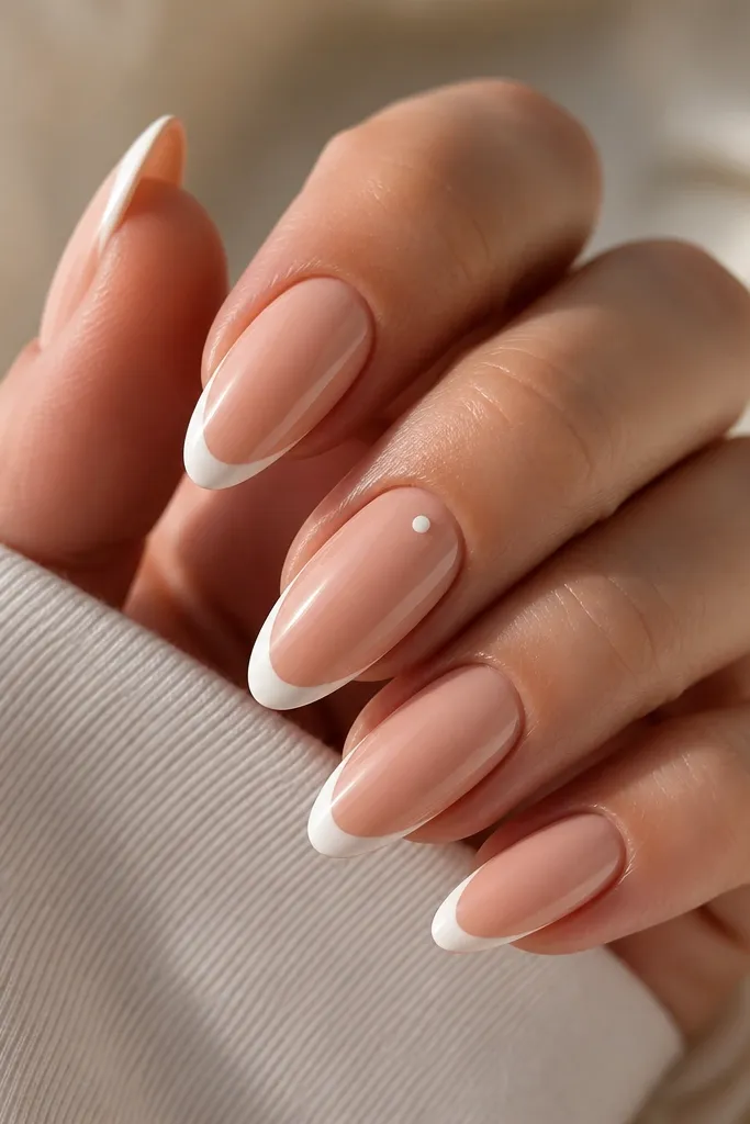 Almond nails with a peachy warm nude base and a creamy white French tip that follows a gentle smile curve; glossy finish; one nail has a tiny dot near the cuticle.