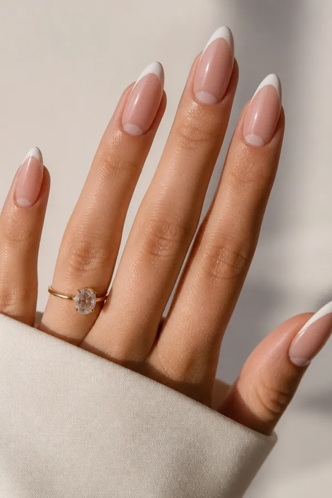 Almond nails: warm nude base, French white tip with a clear half-moon gap at the cuticle area; glossy finish; clean negative space.