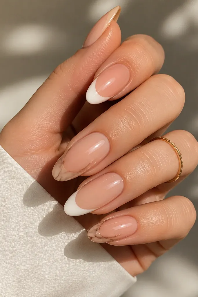 Most nails are almond with warm nude base and creamy white French tips; two accent nails have thin mocha-brown marble lines over the nude near the tip; glossy top coat.