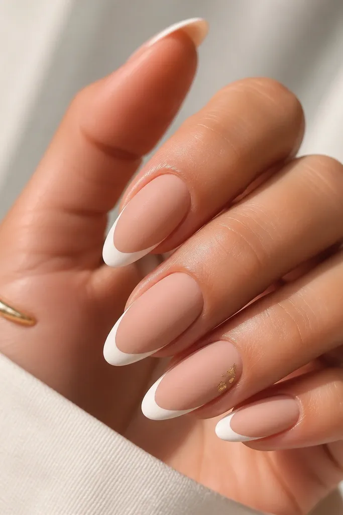 Almond nails with warm nude matte base; the French tip is glossy creamy white; one nail has a tiny gold foil fleck near the sidewall.
