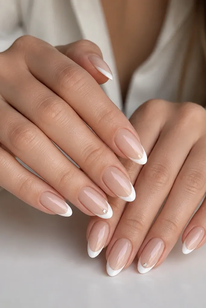 Almond nails with blush-warm nude base and creamy white French tips; on each ring finger nail there's a single tiny rhinestone at the outer corner of the white.