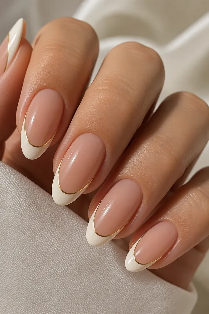 Almond nails: warm nude base and creamy white French tip; a thin gold line outlines the edge of the white; glossy finish.