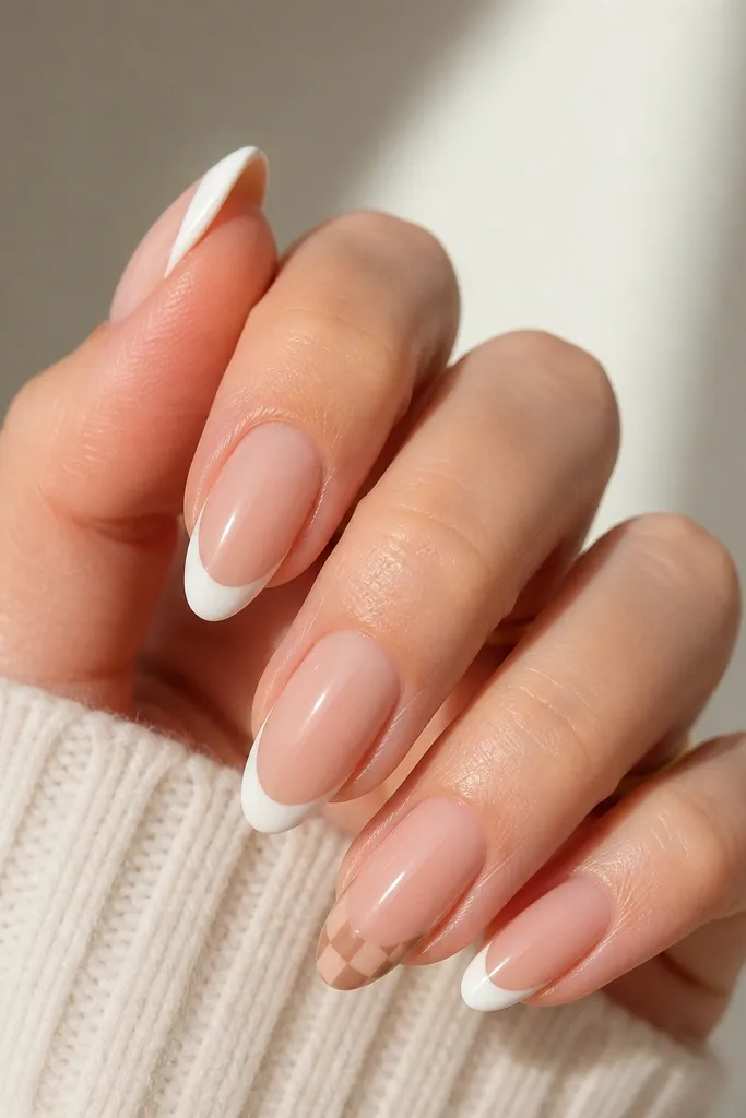 Almond nails with warm nude base and creamy white French tips; on the ring finger there's a tiny two-color checker pattern in warm beige and soft brown near the tip; glossy finish.