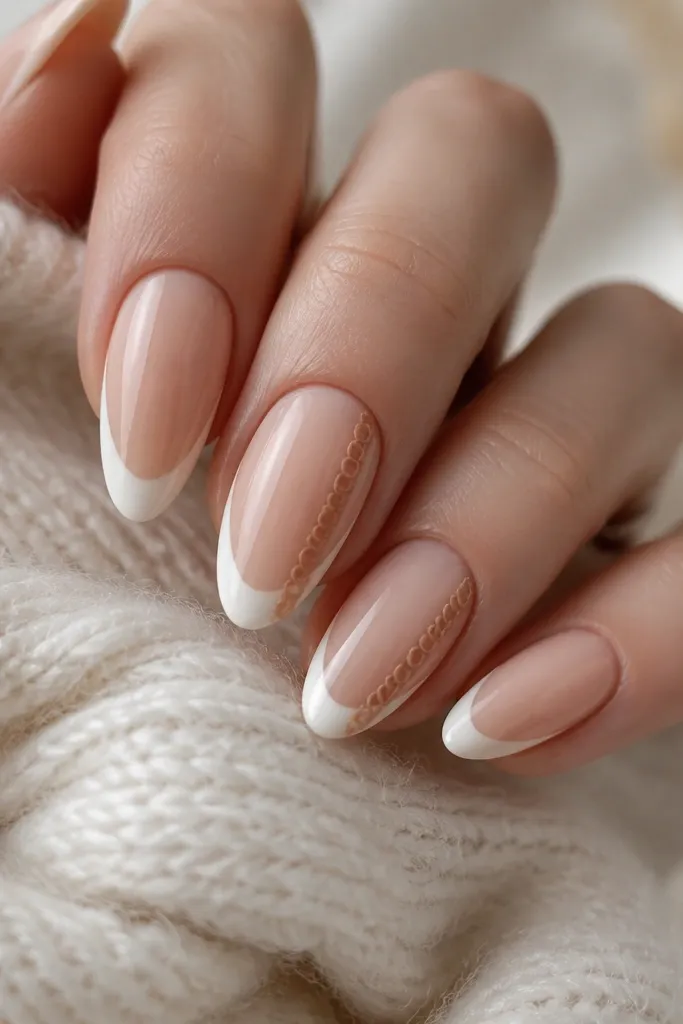Almond nails: warm nude base, creamy white French tip; on two nails there's a tan knit-like line (small loops) running down the side of the nail; glossy finish.