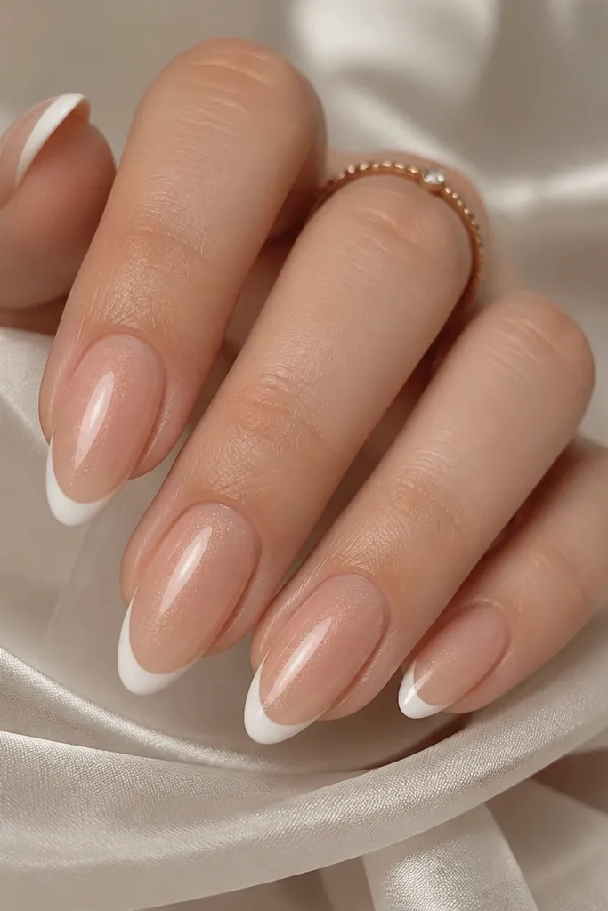 Almond nails with pearlized warm nude base (subtle shimmer), creamy white French tips; glossy top coat; light catches on the nude.