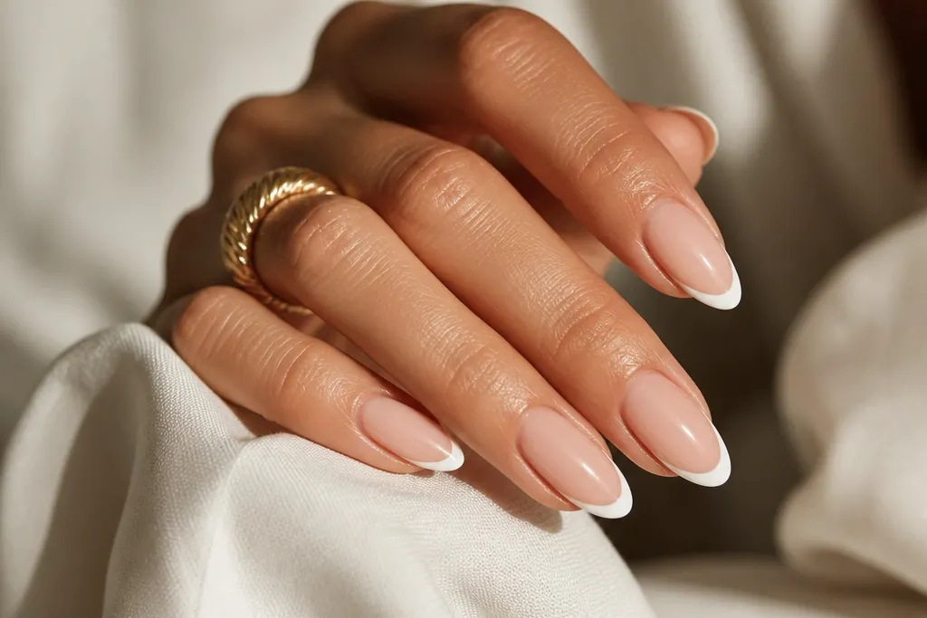 Cozy warm white almond french tip nails