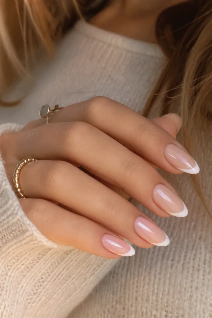 Cozy warm white almond french tip nails