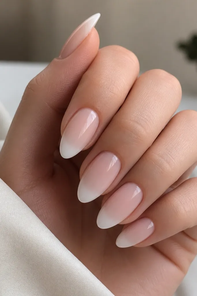 Glossy almond nails with a nude baby-pink base and a smooth milky white tip that fades slightly toward the center, no other decorations.