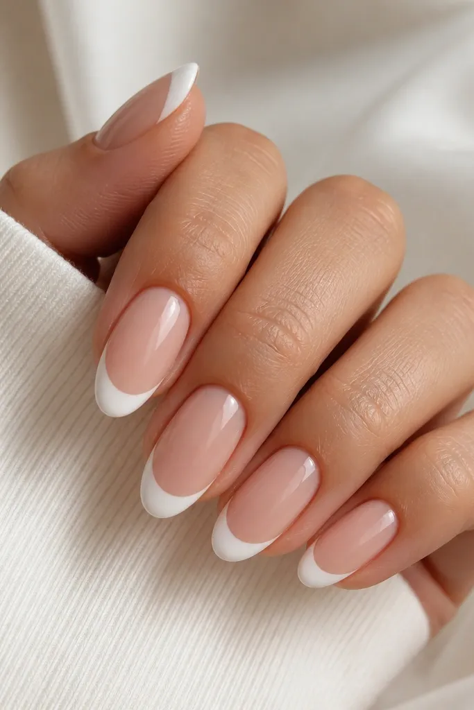 Almond nails with a nude base and a bold, thick white French smile line across the tips; the line is crisp and centered.