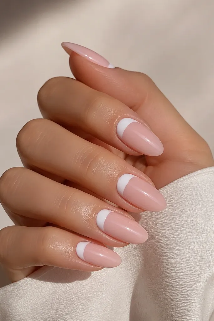 Almond nails with a sheer pink base and a clean white half-moon at the cuticle; the rest of the nail is plain and glossy.