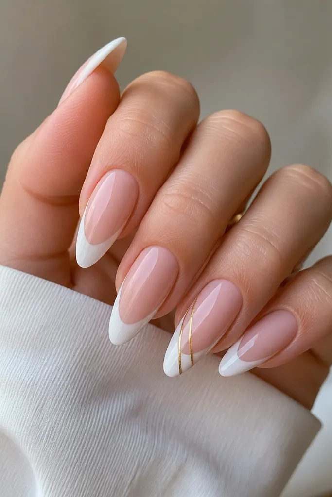 White almond tips over a nude base, with one thin gold stripe running diagonally from mid-nail toward the tip on two accent nails.