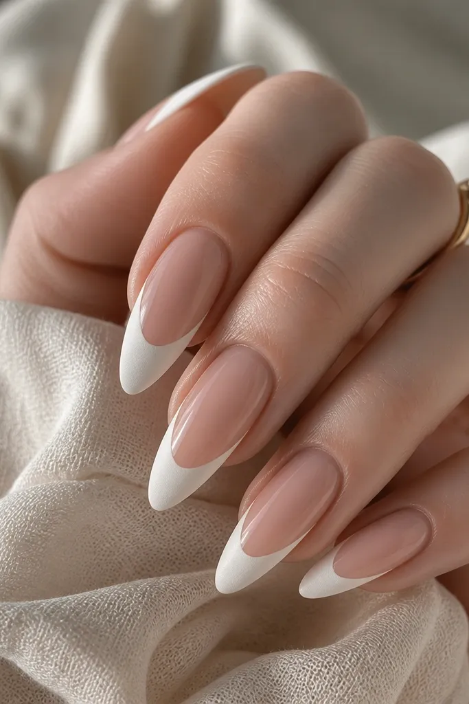Almond nails where the tips are matte white and the center stays glossy nude-pink; the finish change is obvious at the border.