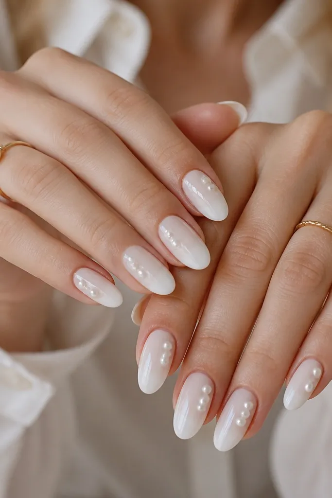 Glossy white almond tips with three tiny pearl dots arranged in a diagonal cluster on each nail, mostly near the outer side.