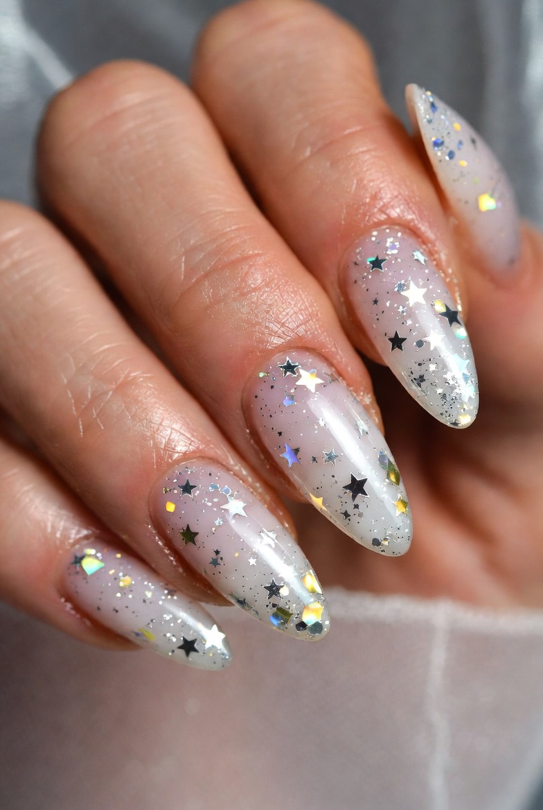 Sheer nude almond nails with a white tip and scattered tiny silver micro stars near the tip line.