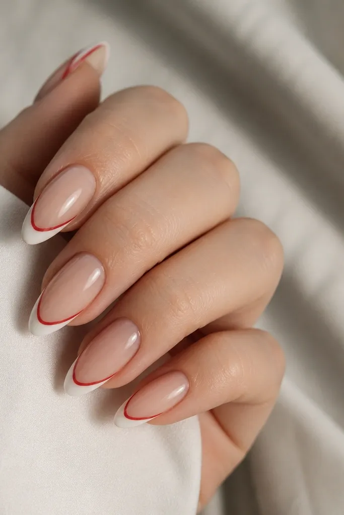 Almond nails with a white tip and a thin red outline tracing the curve of the tip; the base is sheer nude.