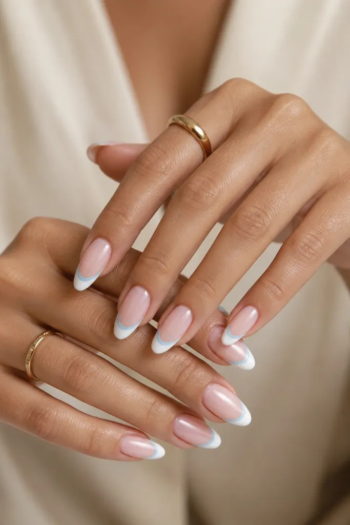 Almond nails with nude base and white tips; a very thin light-blue line sits just under the white edge on each nail.