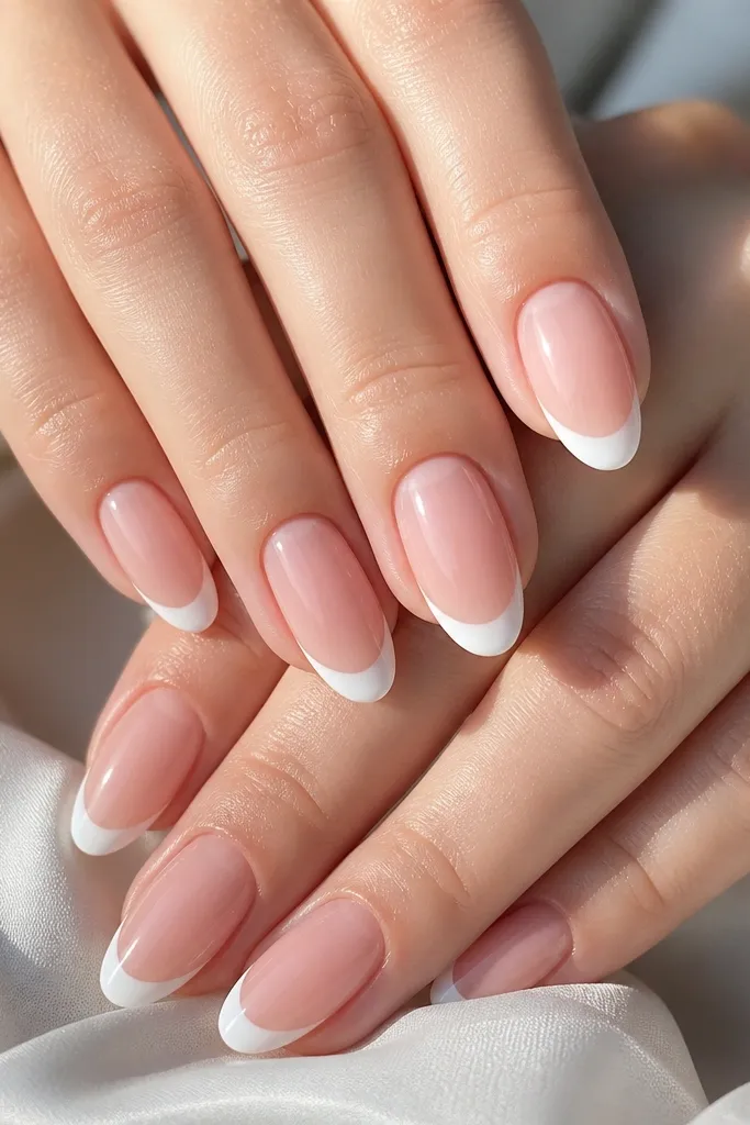 A full set of white almond nails with a crisp bright white French tip and a sheer pink base. The nails are medium length, glossy finish, and the French line curves evenly across each nail.