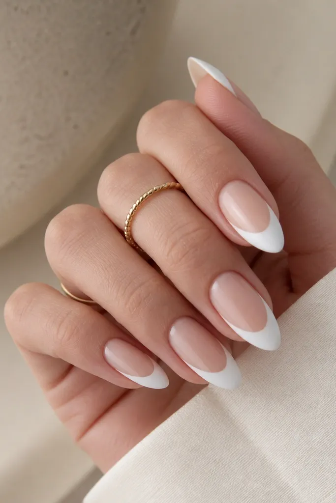 Almond nails with a matte white French tip. The base is nude but has a thin glossy nude stripe under the French line, creating a two-finish effect.