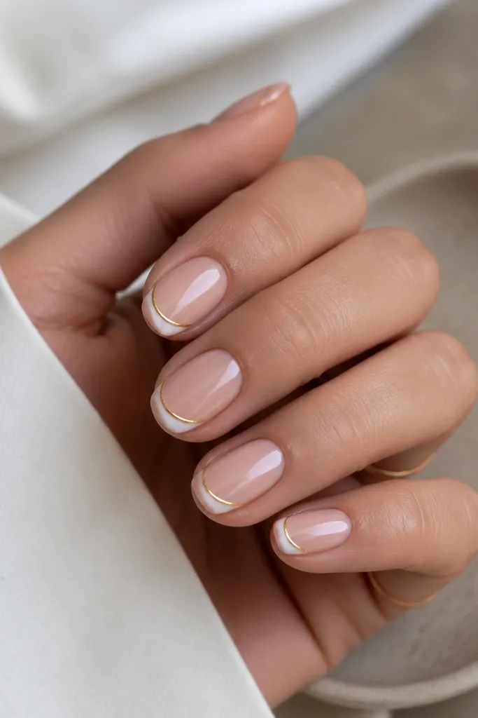 Shorter almond nails with a super-thin white French line at the tip. A delicate gold arc sits just above the white line, like a tiny halo.