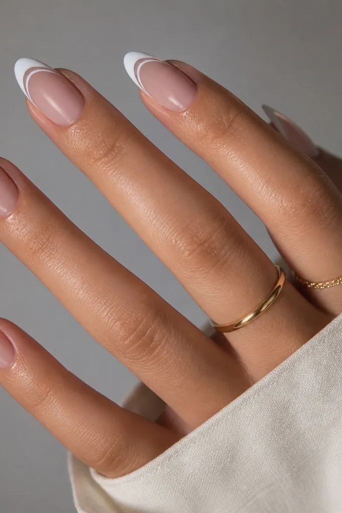 Almond nails with a white French tip plus a thin clear line in between two white borders. The center area under the tip looks transparent, showing the base.