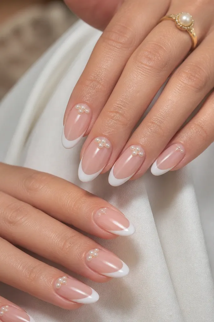 Almond nails with a glossy bright white French tip. Near the cuticle on each nail, there's a small cluster of pearls in a neat triangle.