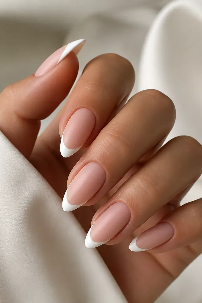 Almond nails with a matte sheer pink base. The French tips are glossy bright white, creating a strong finish contrast.