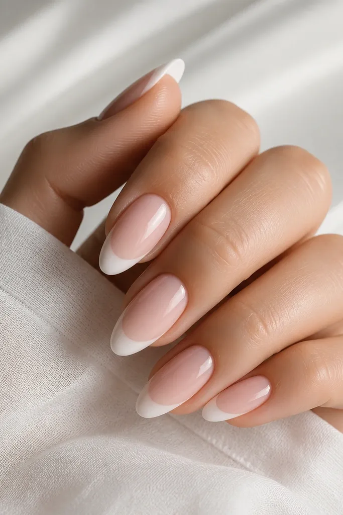 Almond nails with white French tips. Just under the white line, there's a soft blush pink gradient that fades into the sheer base.