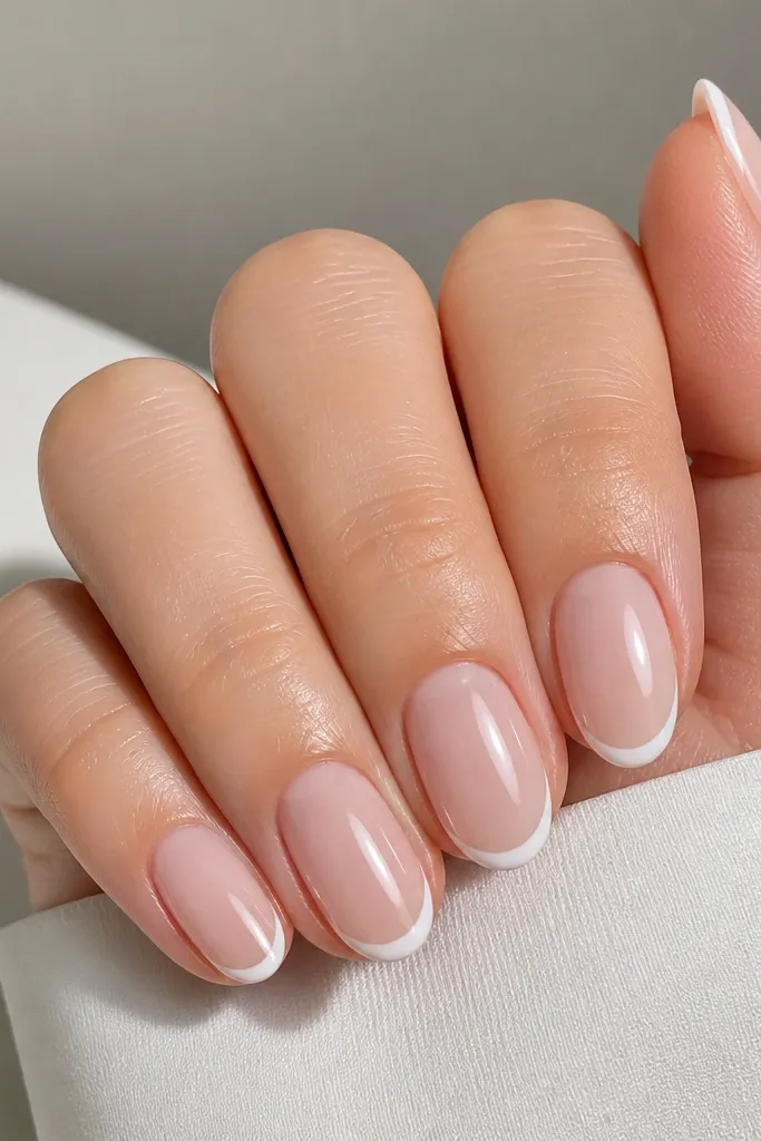 Five nails in a neat short almond shape. The base is sheer pink nude. The French tips are a thin bright white line, with a tiny smile curve close to the free edge. Everything looks glossy and clean.