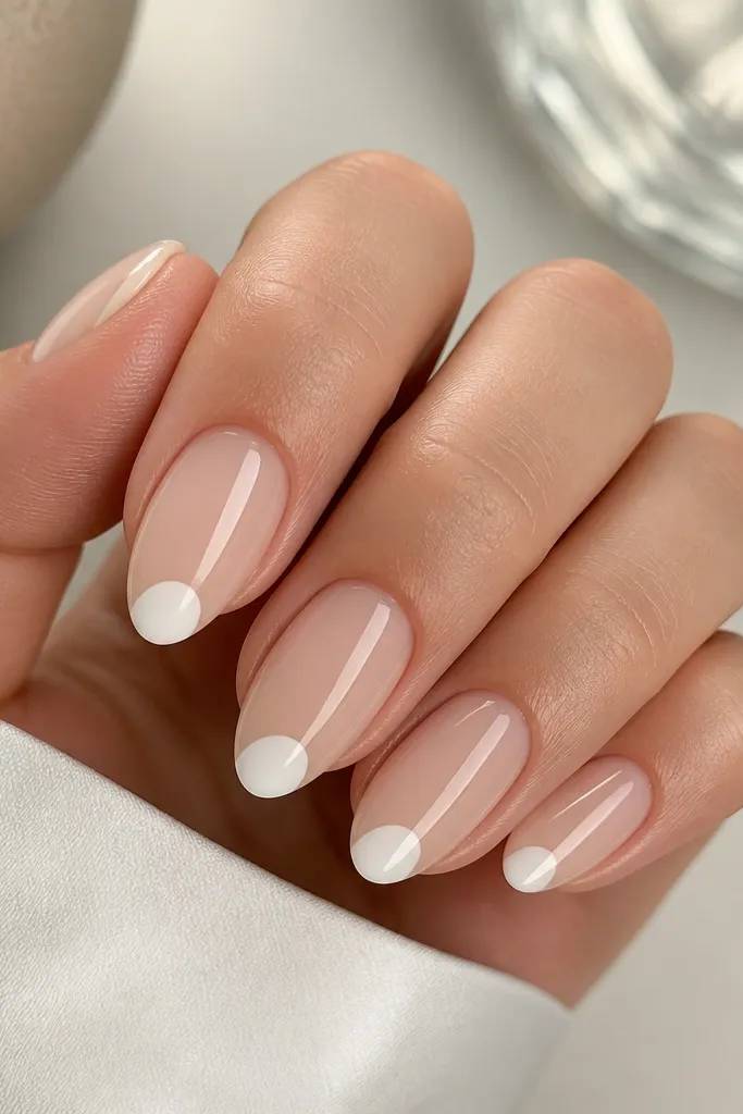 Four almond nails with a sheer nude base. Instead of a full tip, there's a small white arc near the free edge, like a half-moon. The arc is centered and crisp, with a glossy finish.
