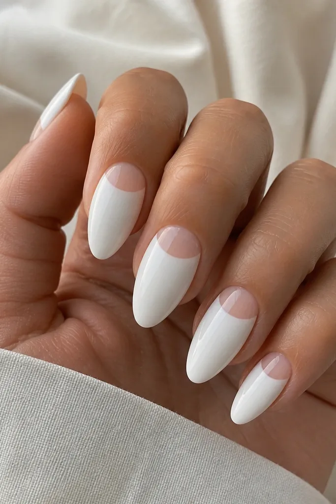 Five almond nails. The bottom half is glossy white. The top has a sheer nude band that forms a clean curve, creating a reverse French look. The line between white and nude is crisp.