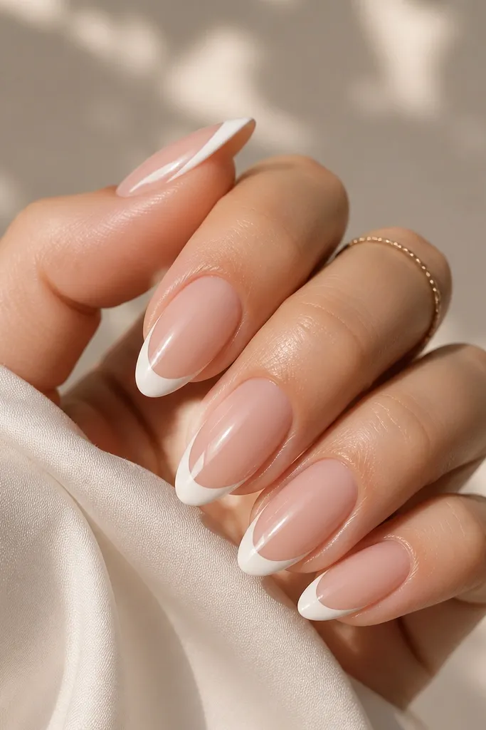 Five almond nails with a glossy nude base. Each French tip is a standard white smile line. On the sides of the white tip, there are thin diagonal white slashes that look like accent cuts.